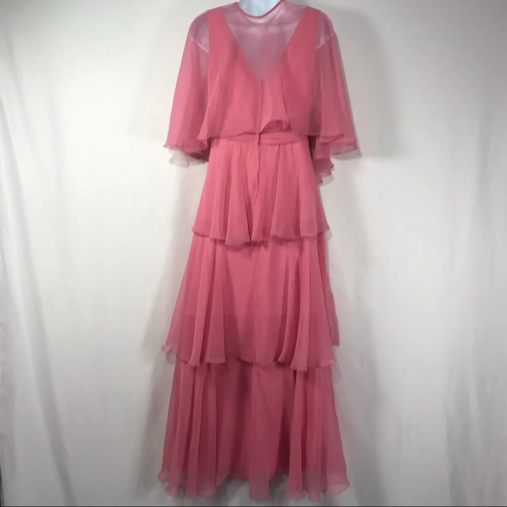 Sold—Vintage Pink Chiffon Empire Waist Maxi Dress with Matching Chiffon Cape - Picture 12 of 17